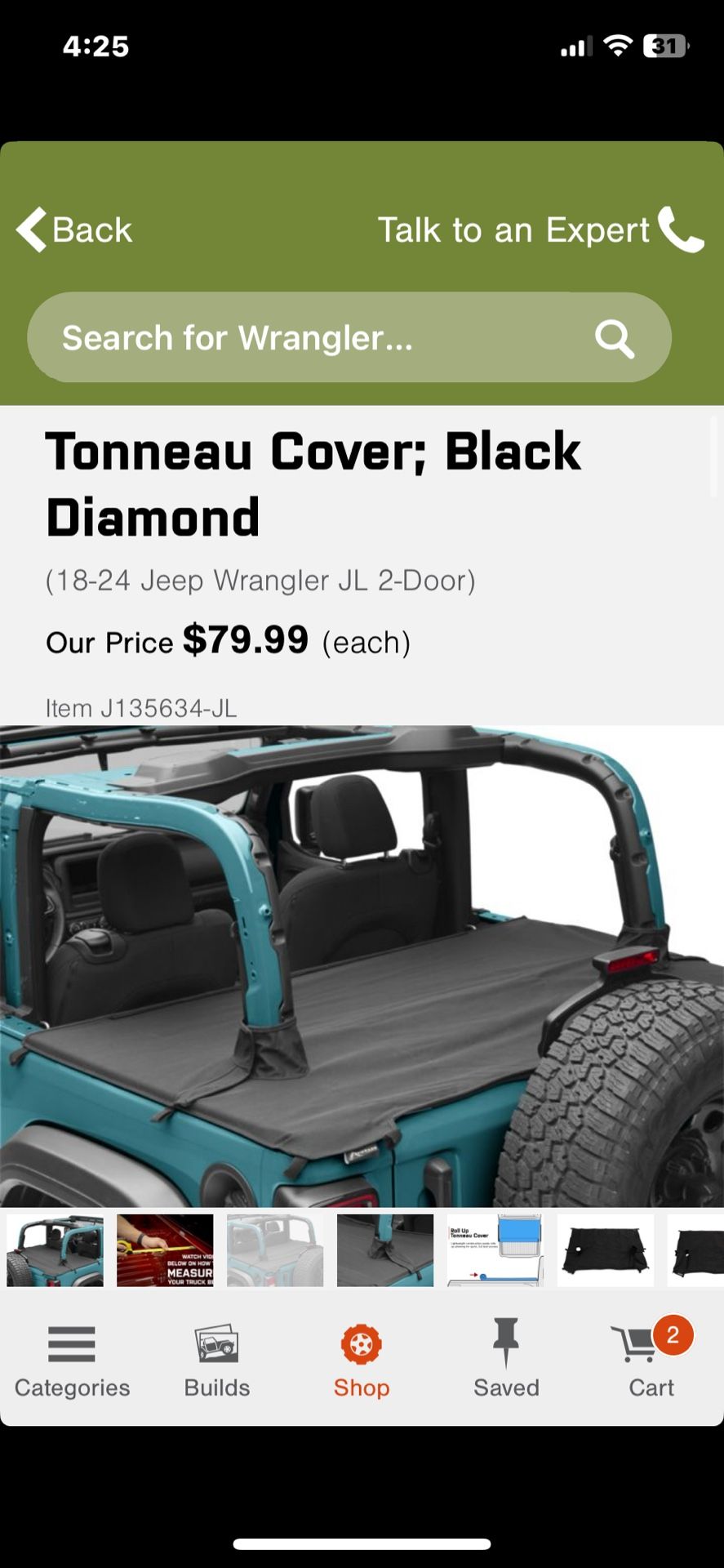 Tonneau Cover; Black Diamond For (18-24 Jeep Wrangler JL 2-Door)