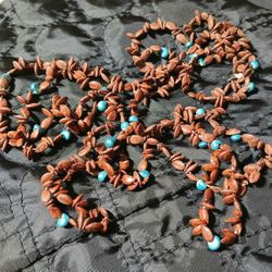 Vintage Hawaiian Koa Seed Necklace With Turquoise Shells