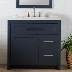 NEW! Clady 36 in Deep Blue Bathroom Vanity w/Silver Ash Marble Top - Assembled