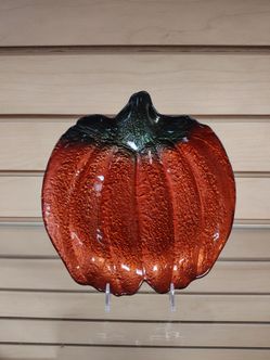 Pumpkin shape glass plate / platter, etc ... ( NEW ) Gloss orange / copper, green