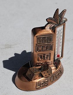 Vintage Las Vegas Copper Thermometer Miniature Slot Machine Dice & Palm Tree Nevada Souvenir! New Condition!