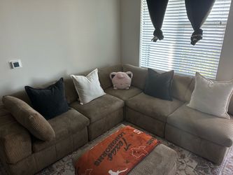 Beige Corduroy Sectional Sofa with Ottoman