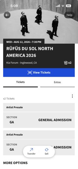 Rufus Du Sol GA Tickets 8/12 The Forum Inglewood,CA