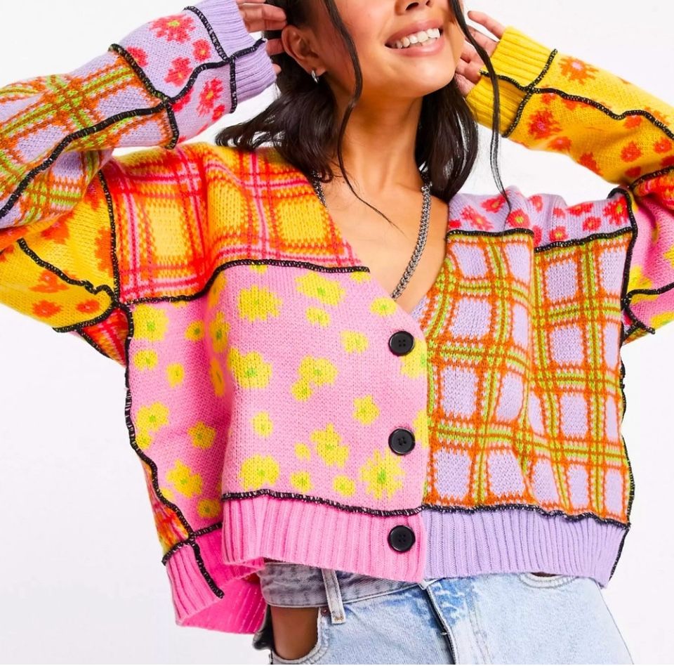 Oversized Cardigan in Patchwork Daisy Check - M