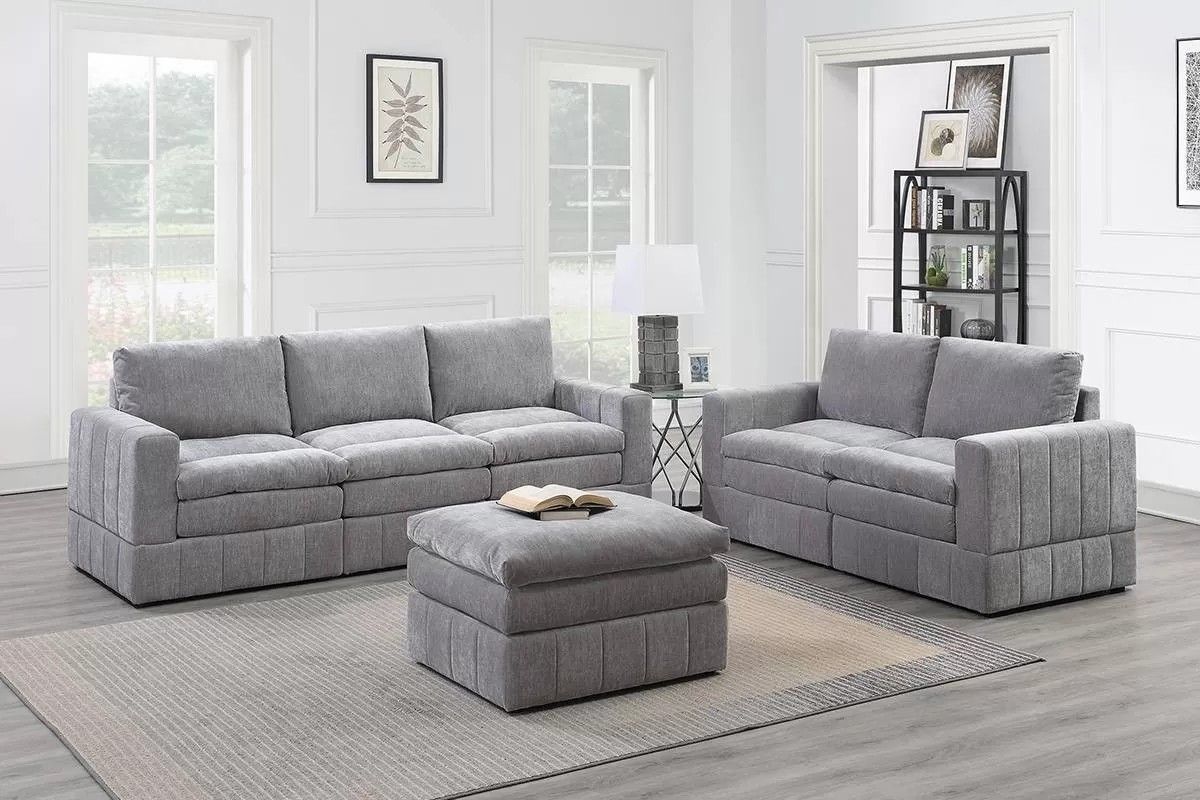 Brand New Grey Super Plush Modular Design Sofa & Loveseat w Ottoman