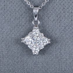 14K White Gold Round Pave  Diamond Cluster Square Pendant Chain Necklace 
