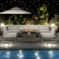 Patio Furniture Set 7Pcs Outdoor Furniture Sectional Couch Fire Pit Table Balcony Furniture Patio Table and Chairs Set with Propane Firepit 