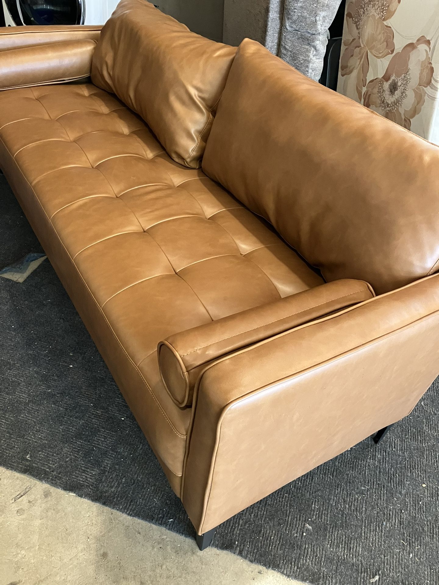 Brown Lifestyle Solution Faux Leather Sofa W/A Little Wear On One Pillow(See & Click On Pictures). Still In Very Good Condition 