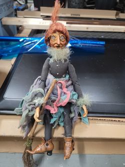 Kasma HALLOWEEN WITCH Porcelain Jointed Doll with Broom Red Hair Hand Painted