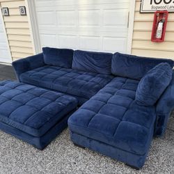 Modern navy blue velvet sectional sofa with ottoman – Deep cleaned & delivery available