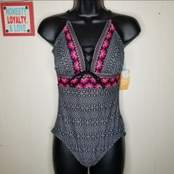 NWT Kona Sol Black/White/Pink Lace-Up One-Piece Floral Backless Swimsuit Small