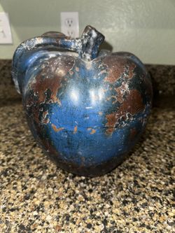 Vintage Antique Large Ceramic Apple “Chipped Blue Glaze Over Brown” Pottery Rare