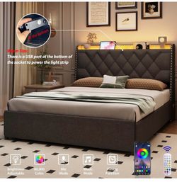New -Full Size Bed Frame with 4 Drawers and Storage Headboard, Upholstered Button Linen Platform Full Bed with Led Lights and Handy Charging Station, 