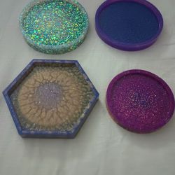 Set Of 4) Glitter Resin Craft Coaster Handmade Unique Fun Eclectic Home Decor Boho