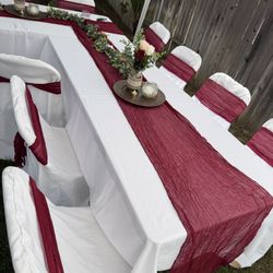 Burgundy Table Runners And Chair Ribbons