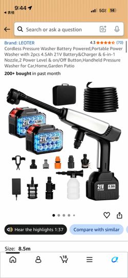 Cordless Pressure Washer with 2x 4.5Ah 21V Batteries & 6-in-1 Nozzle