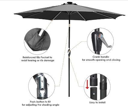 10Ft Solar Powered LED Light Bar Patio Umbrella with Tilt and Crank for Outdoor Garden Yard Deck Market Table in Black Color - Independence Day Sale