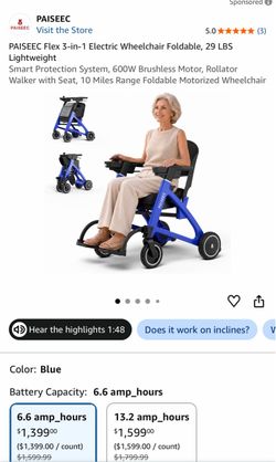 PAISEEC Flex 3-in-1 Foldable Electric Wheelchair Blue