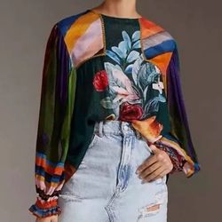 Colorblock Floral Long Sleeve Blouse