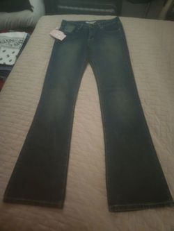 Dark Wash Denim Jeans Bell Bottoms with Embroidered Pocket