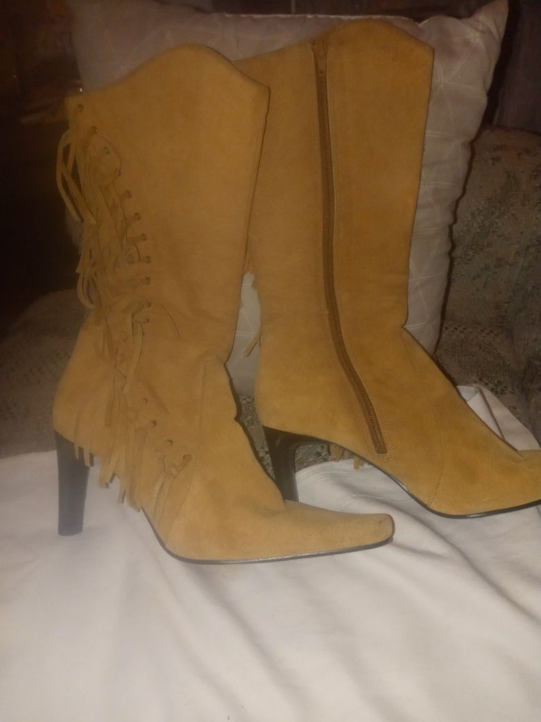 MlXIT wheat suede leather fringed zip healed boots