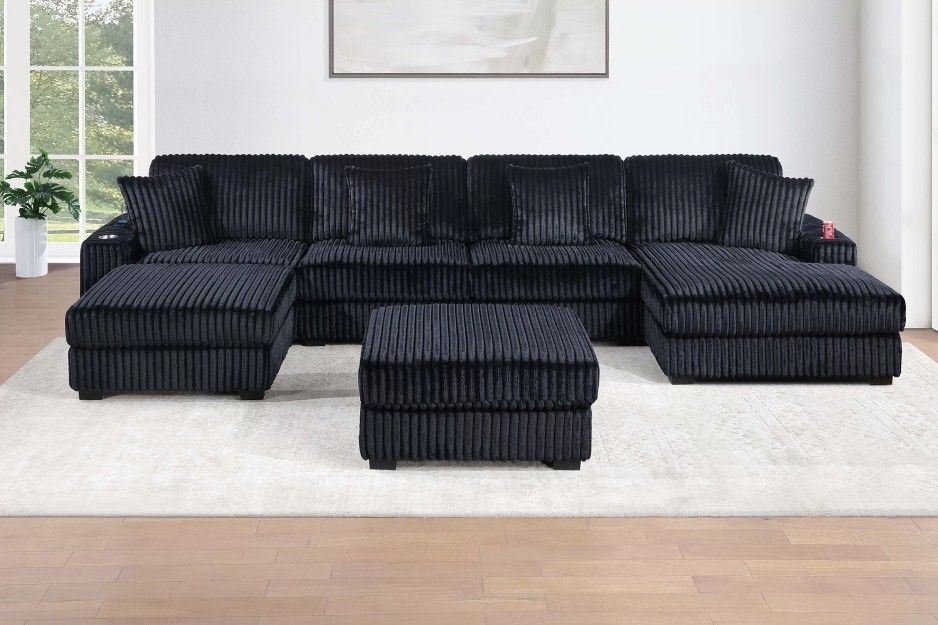 Brand New Black Corduroy Modular Sectional Sofa w Ottoman