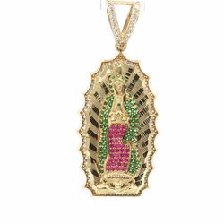 Men’s 10k Yellow Gold Red, Green & White Stone Virgin Mary Pendant 1.75” Inch GP3136588
