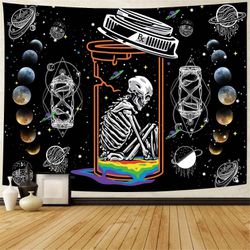 Skull Tapestry Moon Phase Hourglass Starry Sky Wall Hanging Hippie Skeleton Trippy Wall Blanket 80"X60" Black And White Aesthetics Living Room Bedroom