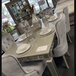 Beautiful 7 Piece Silver Dining Set Brand New In Box Firm Price $1,530 Mirrored Table Grey Velvet Chairs With Faux Crystal Tufted