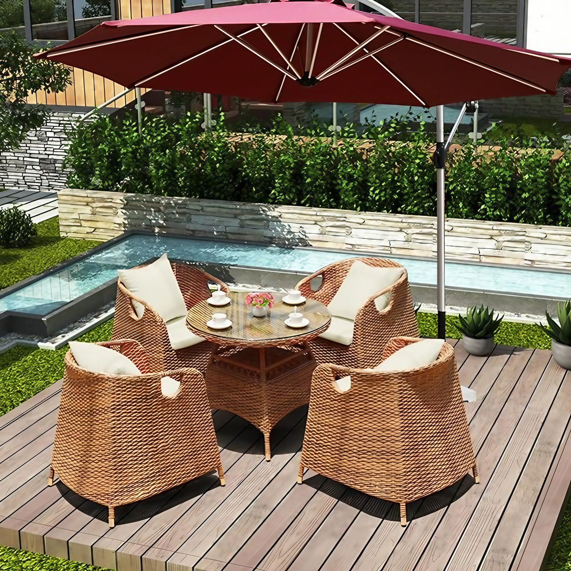 Chic Patio Porch Furniture Set - 5 PE Rattan Wicker Chairs with Glass Table - Outdoor Garden Furniture Sets for Comfortable & Stylish Living