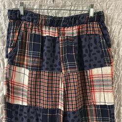 Aerie: Patchwork Plaid Flannel Sleep Pants- Navy, Red, White, Pockets, Size: S