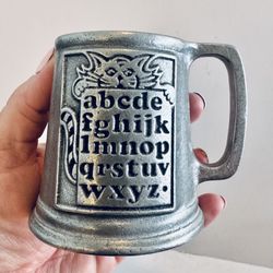 Pewter Alphabet Cup Mug w/Cat Background 3" Tall Vintage Replace ABC Baby Child