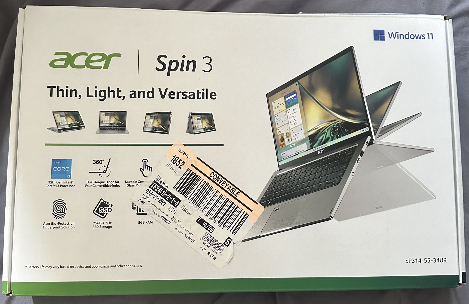 Acer 14" Touchscreen Convertible Laptop - Intel Core i3 Processor - 8GB RAM - 256GB SSD storage - Windows - Silver (SP314-55-34UR)