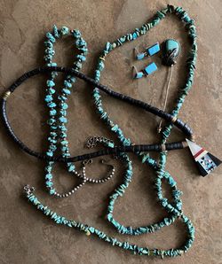 Vintage Real Turquoise, Inlay, Sterling Jewelry: 3 Necklaces, 1 Earrings, 1 Stick Pin