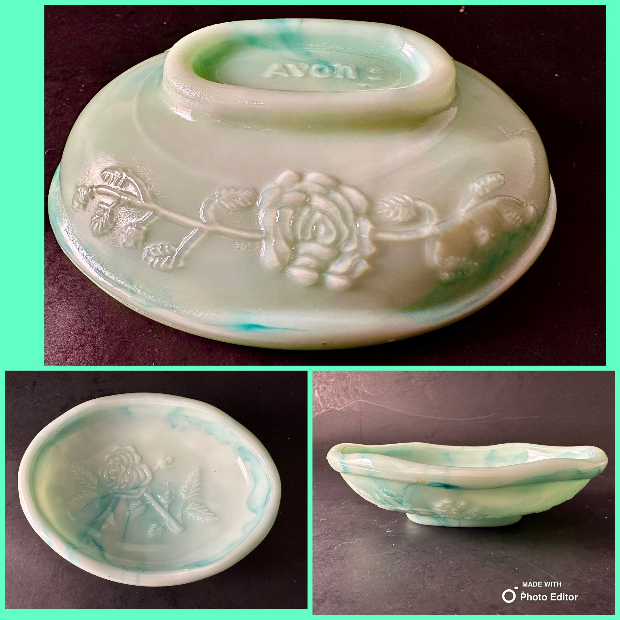 Avon Vintage Victoriana Soap Dish or Ring Holder with Embossed Roses Jade Green Slag Glass