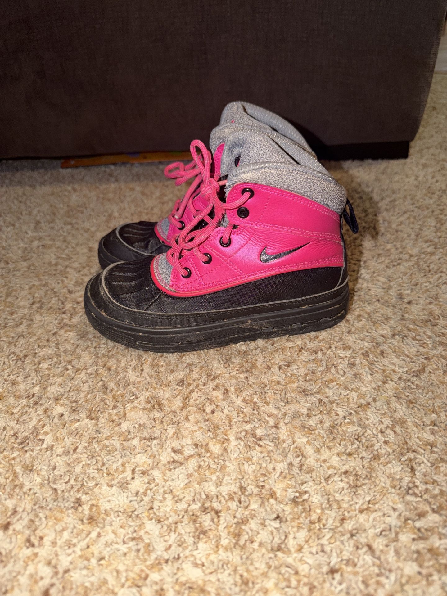 Nike Kids Bright Pink and Gray Boots size 13. Needs new shoelaces. Still work but 1 is falling apart