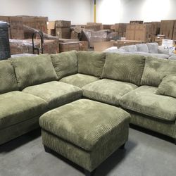 New Green Sectional Sofa And Ottoman Set Seccional Couch Discount Furniture Big Sale Warehouse Soft Fabric Style 99” Corner L Shape Living Room