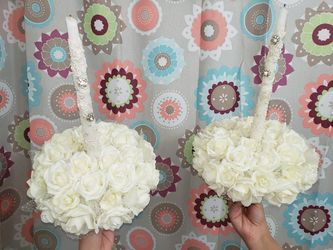 Two Beautiful decorated candles with flowers, crystals and marbles