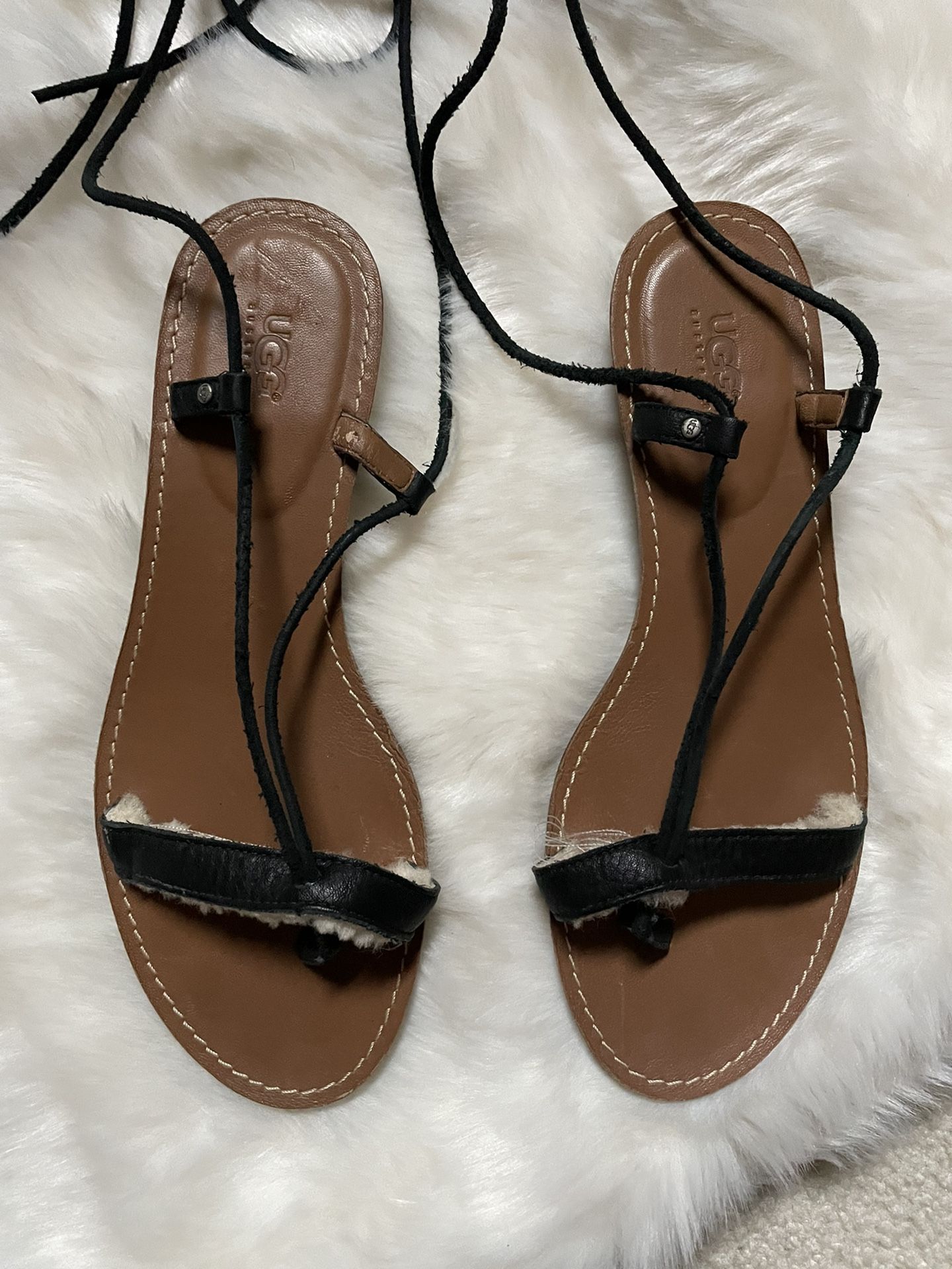 UGG Gladiator Black Ankle Lace Up Sandals with Fur Detail Womens Size 8
