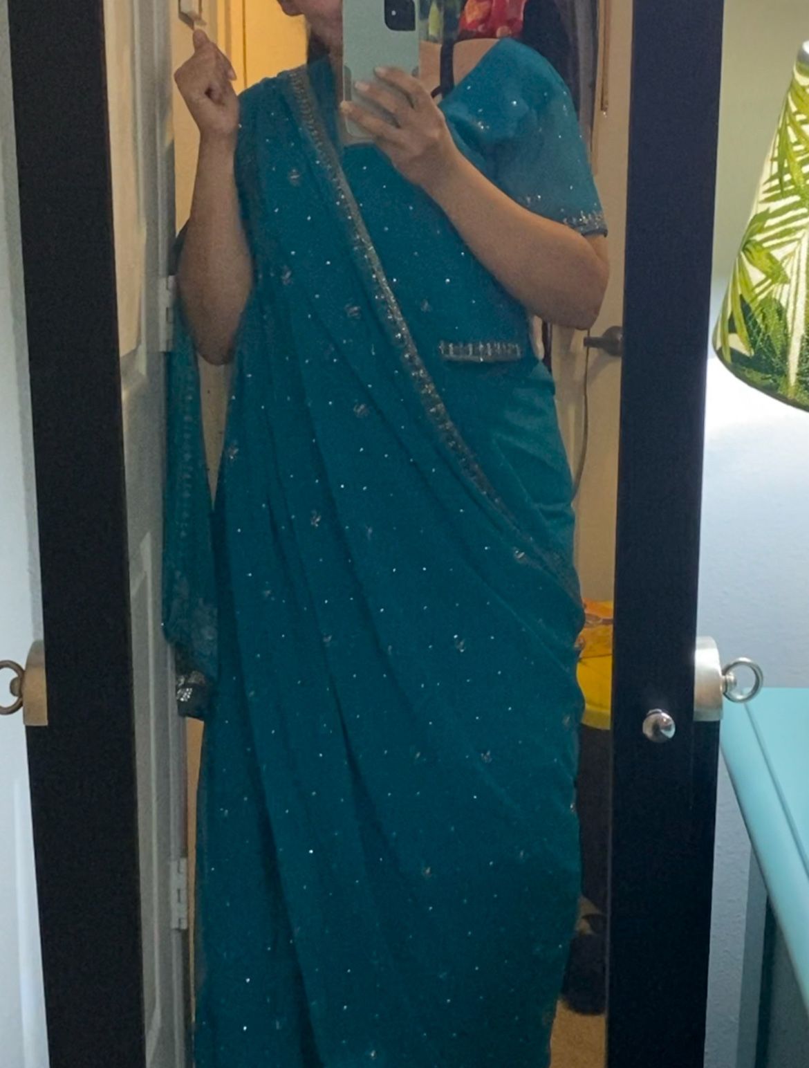 Elegant Teal Blue Custom-Made Sari with Blouse & Skirt β Worn Once
