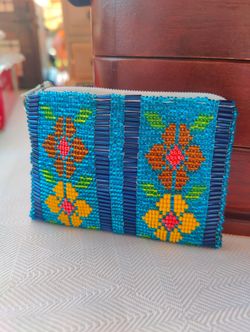 Blue Artisinal handmade floral seed bead coin purse /wallet