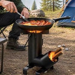 New In Box Wood Burning Rocket Stove Camping Fishing Rocket Stove for Outdoor Camp Site Cooking with Skillet 