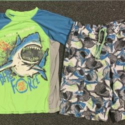 OP boys size 8 great white shark swim trunks and rash guard 