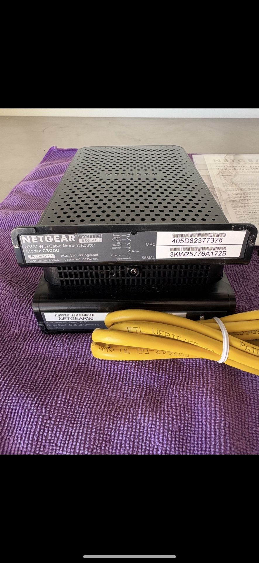 Netgear N300 WiFi Cable Modem Router Model C3000
