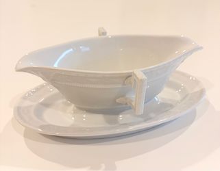 White Porcelain Gravy Boat with Attached Underplate