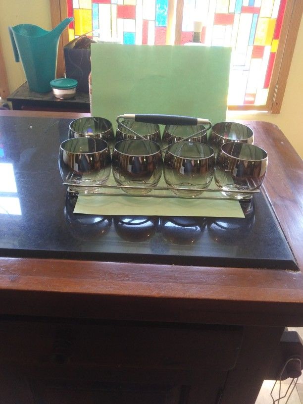 Mid Century Modern Silver Fade Rolly Polly Glasses With Carrier