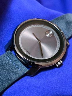 Movado Bold Gunmetal Grey Dial Blue Suede Men's Watch (contact info removed) 43mm Like New
