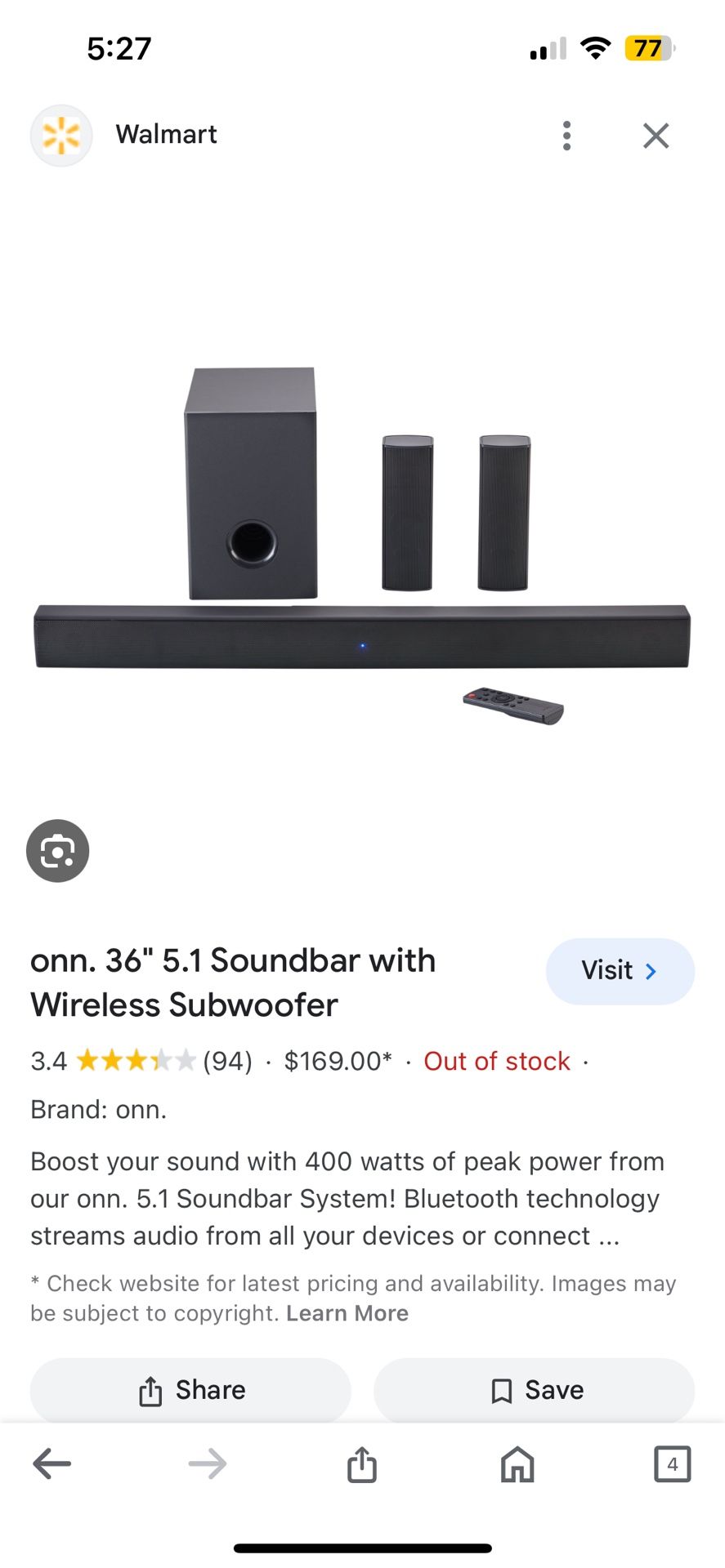 Onn Sound Bar With Subwoofer