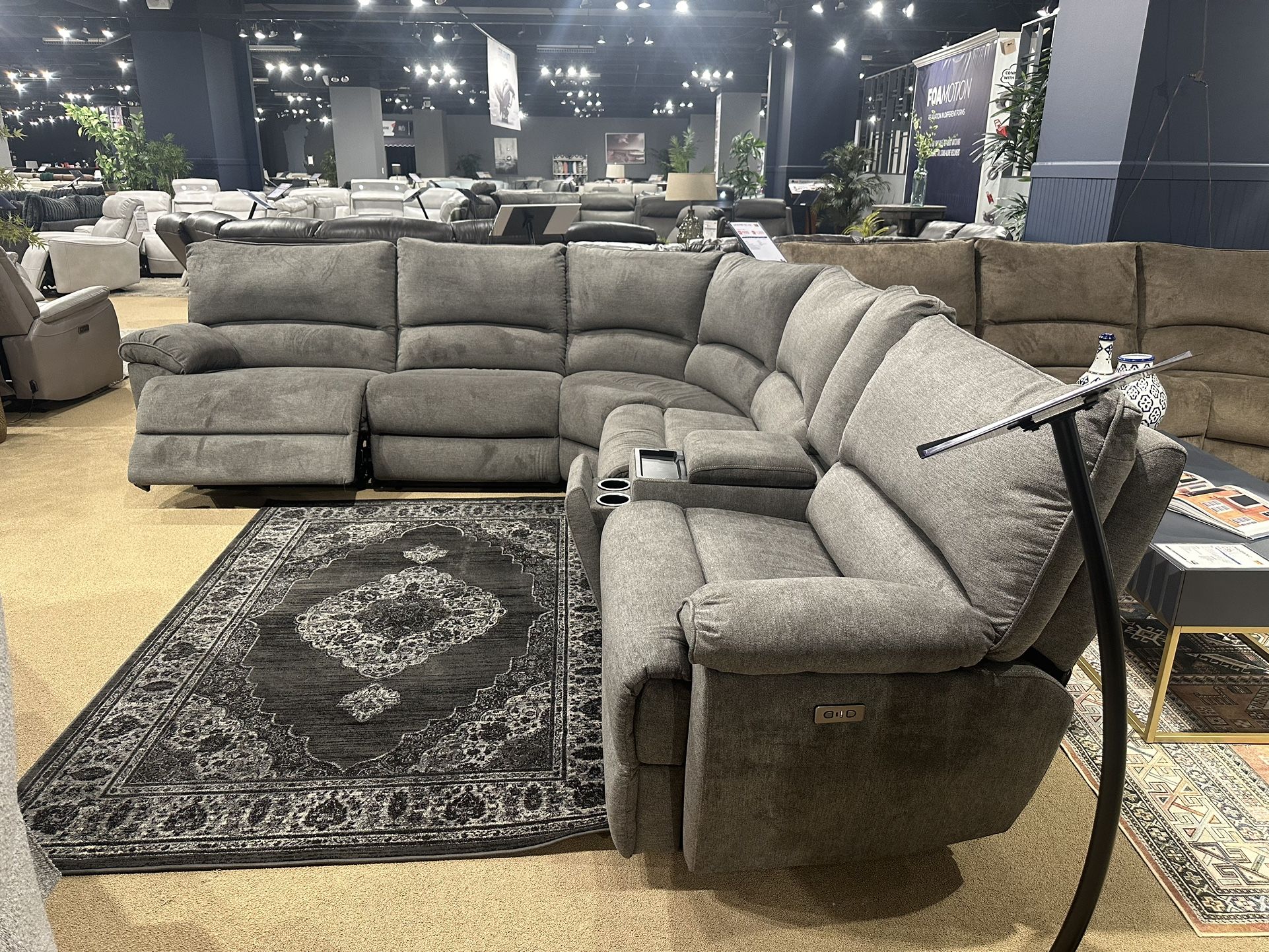 Gray Sofa Sectional w/ 3x Power Recliners & Wireless Charger