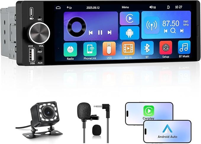 Single Din Car Stereo Universal, 6.36 Inch CarPlay & Android Auto